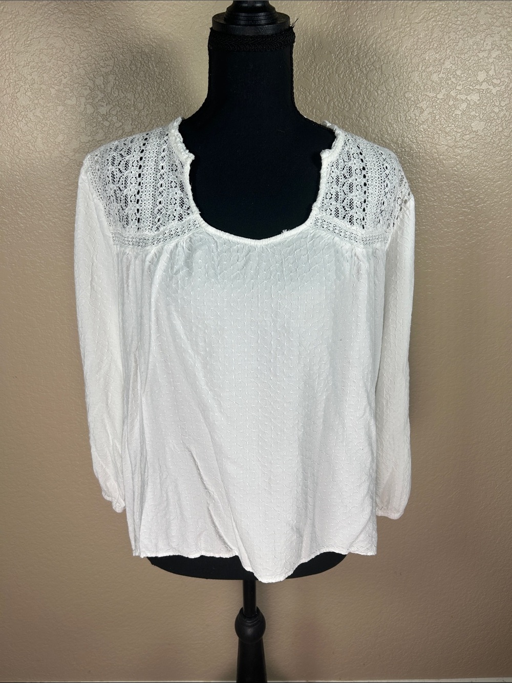 L Love White Lace Yoke Peasant Blouse Size Large Boho Cottagecore Top